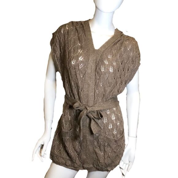 Vintage Isabella Rodriguez Crochet Metallic Lurex Belted Sweater Vest Brown - Picture 1 of 13